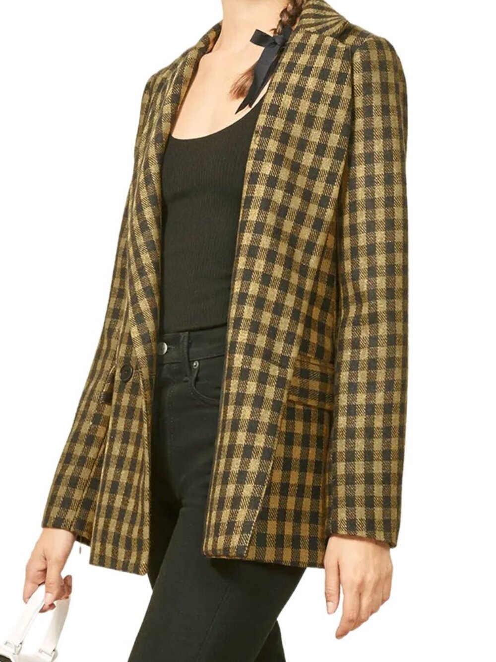 Reformation Lazer Blazer Caddy Mustard Yellow Black Check Plaid Jacket XS